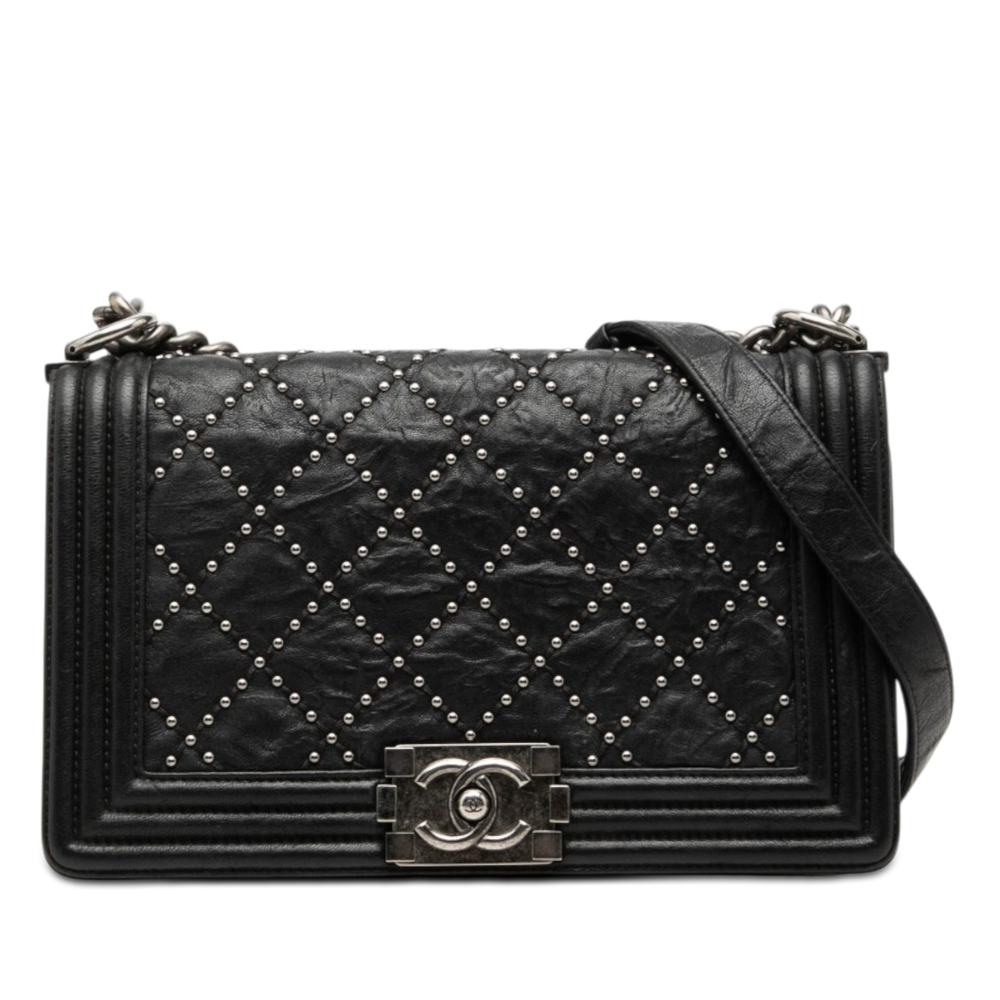 Pre-Loved Chanel Old Medium Quilted Crumpled Calfskin Studded Boy Flap